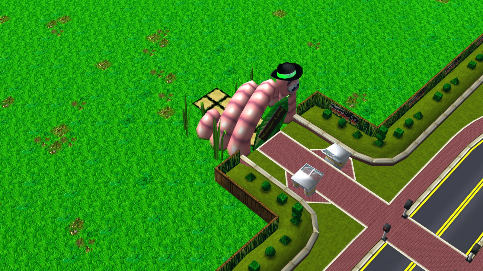 The Wonder Land entrance: a giant pink worm in a black hat
