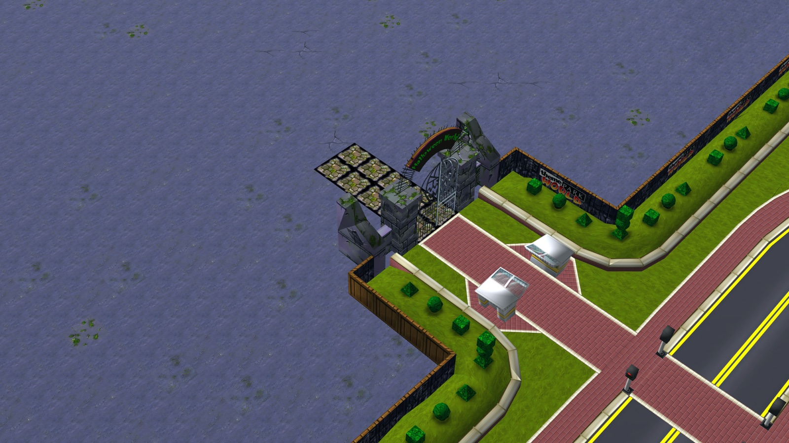 The Halloween World entrance on grey, misty ground